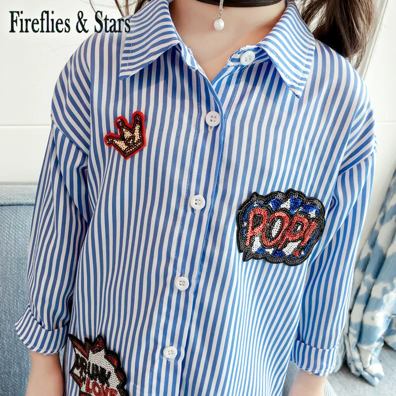 Spring Autumn baby girls blouse dress kids tops Children brand clothes fashion striped sequin cat letter pop crown 2 to 7 yrs | Детская