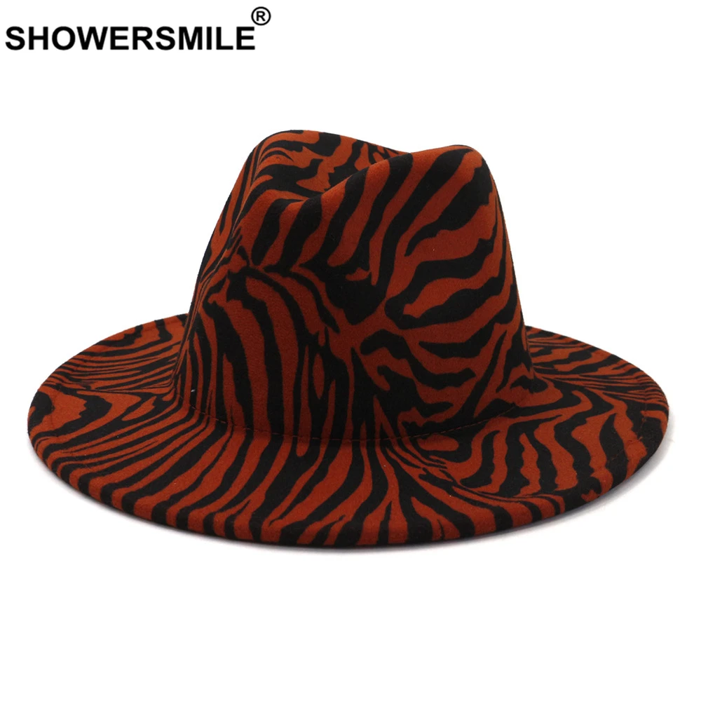 

SHOWERSMILE Fedora Hat Women Men Red Zebra Stripe Woolen Felt Jazz Wide Brim Panama Trilby Cowboy Cap Gentleman Wedding Hat