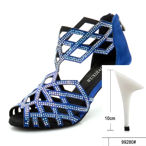 blue heel 10cm WUXIJIAO/черные стразы; женская обувь; джазовые кроссовки; Танцевальная обувь на высоком каблуке; стразы; обувь для латинских танцев - Цвет: blue heel 10cm