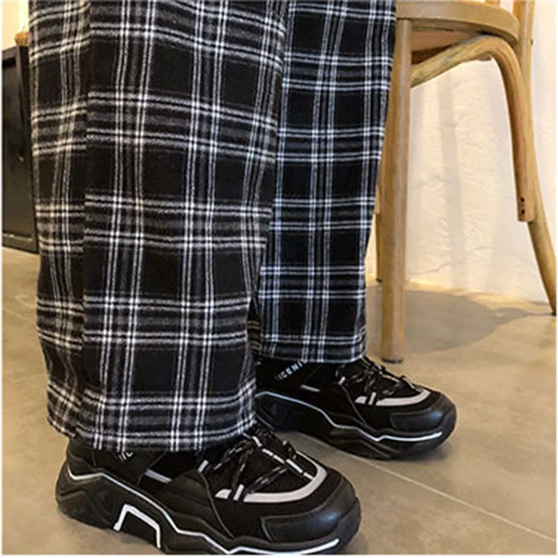 

Women Casual Pants Spring Plaid Retro Straight Trousers Female Elastic Waist Fashion Simple Korean Style Students Harajuku Chic