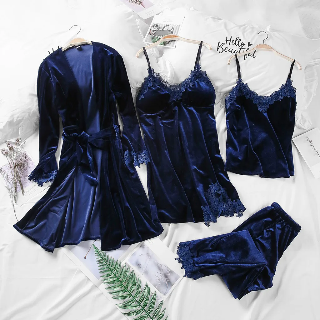 Dark Blue Золото бархат 4 шт. теплые зимние женские пижамы элегантный кружевной халат пижамы комплект для сна без рукавов ночное белье - Цвет: Dark Blue