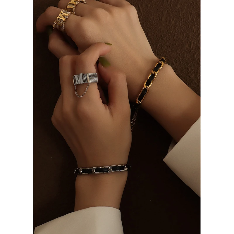 

Vintage Jewelry High Quality Gold Color Stainless Steel Woman Bangles Retro Black Leather Bracelets For Men Adjustable Size