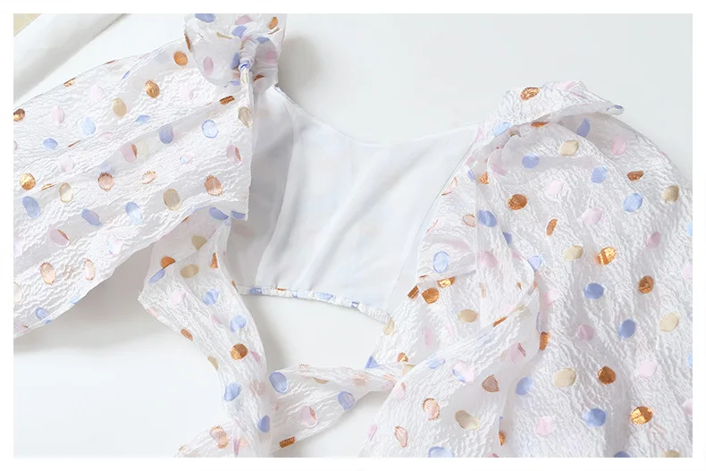 

New arrival Rainbow wave dot off-shoulders mesh back with two bowknot tank top