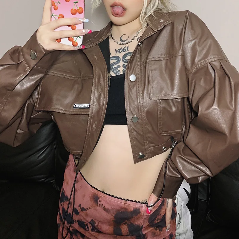

Trendy Single-breasted Leather Jacket with Lapel Faux Leather Jacket Biker Winter Coat Patent Leather Cropped Brown Tops Jacket