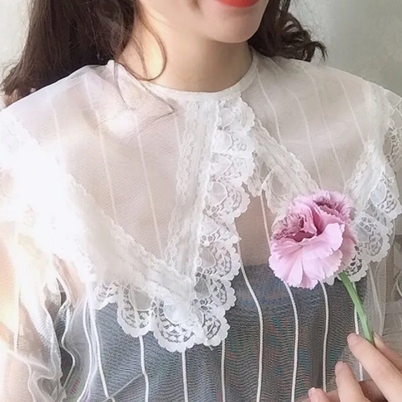 

Early Autumn Woman Tshirts Korean Style Fashion Loose Cute Doll Collar Long Sleeve Lace Mesh Bottoming Top T-Shirt Women Clothes