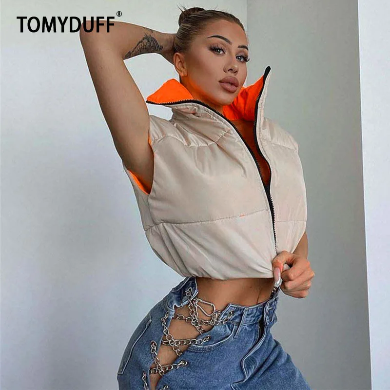 

TOMYDUFF Autumn Women Fashion Thick Warm Short Drawstring Wear Both Positive And Negative Sleeveless Down Cotton Vest Outerwear
