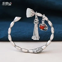 ethnic wind solid national wind retro style tassel personality opening handmade ancient lotus root silver bracelet
