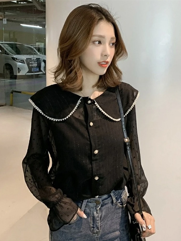 

Peter Pan Collar Shirts Women Vintage Puff Sleeve Fashion Chiffon Shirts Elegant Buttoned Camisa Femenina Women Clothes DE50CS
