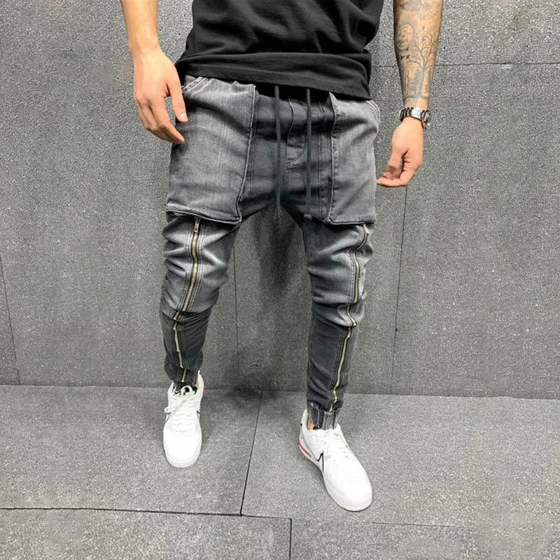 

Tide high street handsome men hip-hop slim jean jacket sport men's big pockets tie foot jean trousers