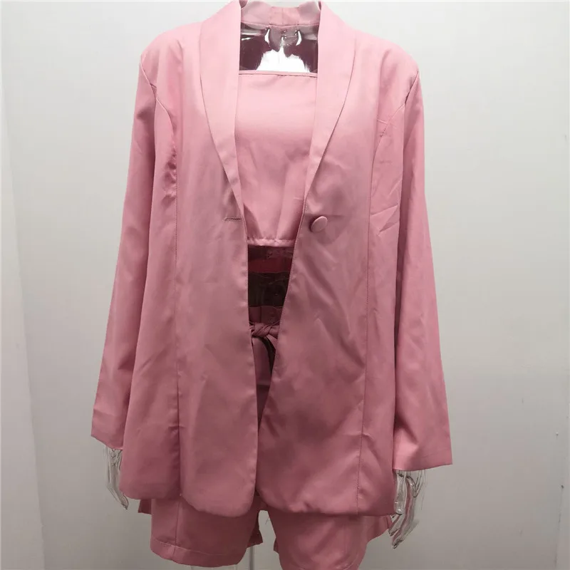 

WUHE Elegant Women 3 Piece Sets Long Sleeve Coat+Breast Wrap Off Shoulder Top+Lace Up Short Pants Casual Office Work Outfits