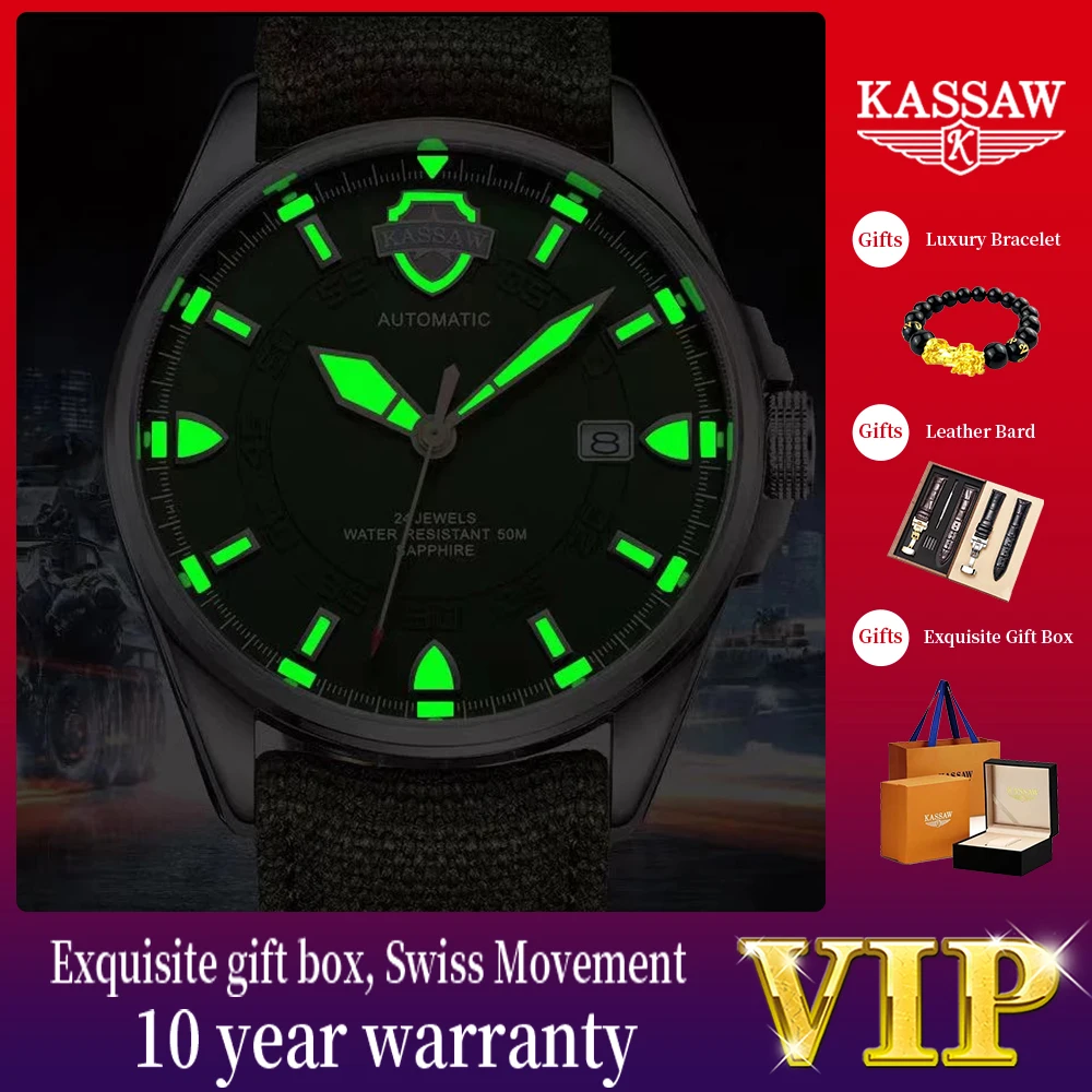 

KASSAW Men Mechanical Wtach Canvas Strap Automatic Wristwatch Sapphire Glass Top Brand Men Watches reloj hombre