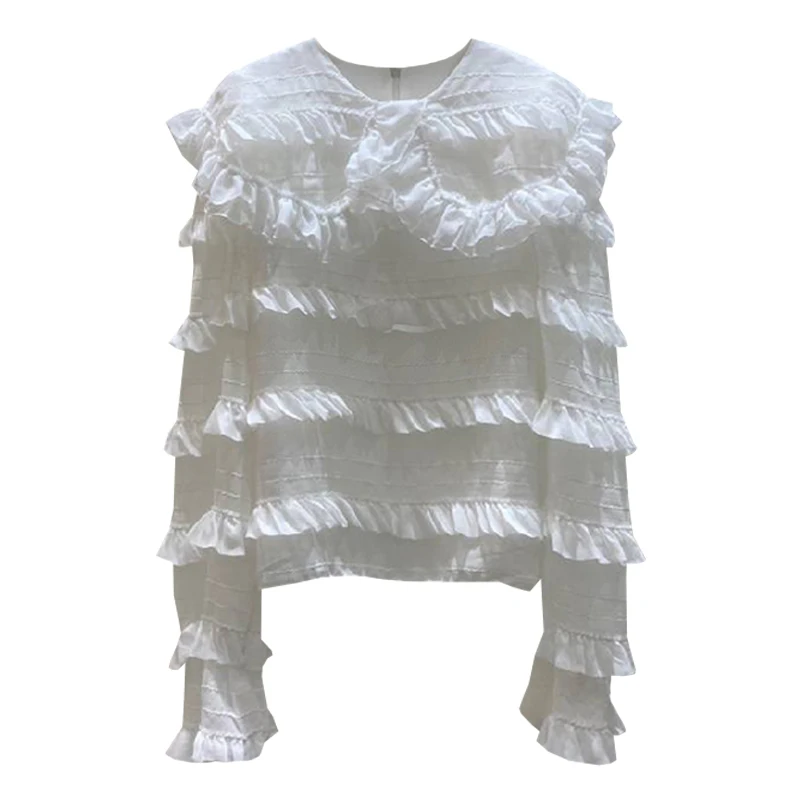 

2021 Spring New Solid Peter Pan Collar Ruffles Full Shirt Women Blouses C850