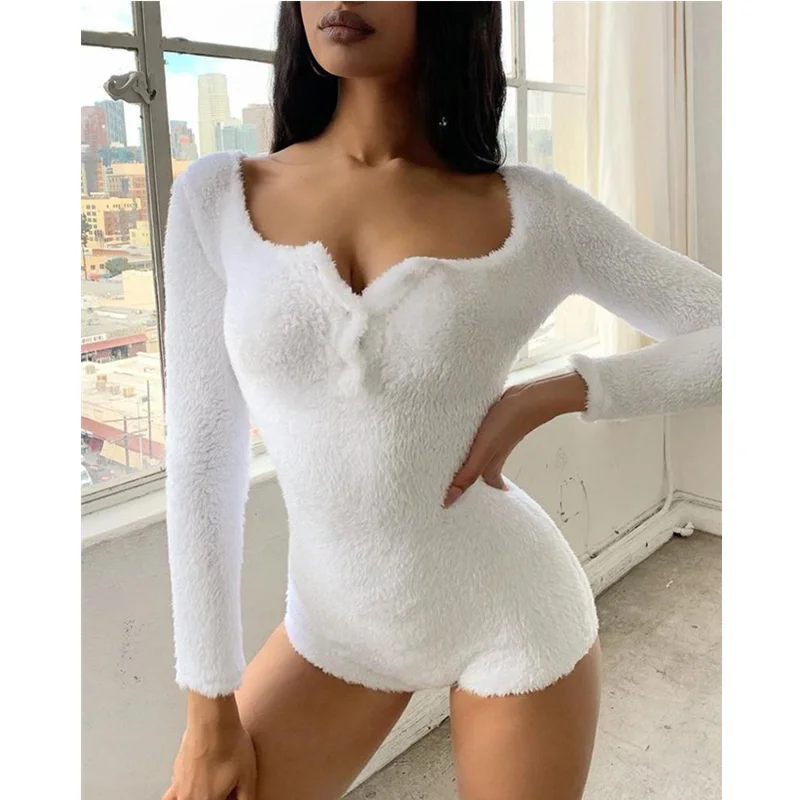 

Women Fleece Flannel Fluffy Button Design Long Sleeve Romper Jumpsuits Playsuits