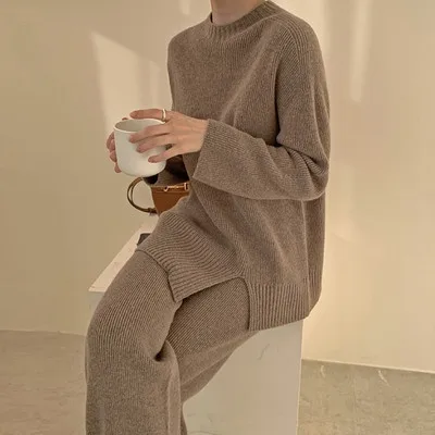 

Korea Women's Knitted Sweater Suit Casual Pullover 2 Piece Set Slim Thick High Waist Wide Leg Pants Sets Lady Autumn Harajuku