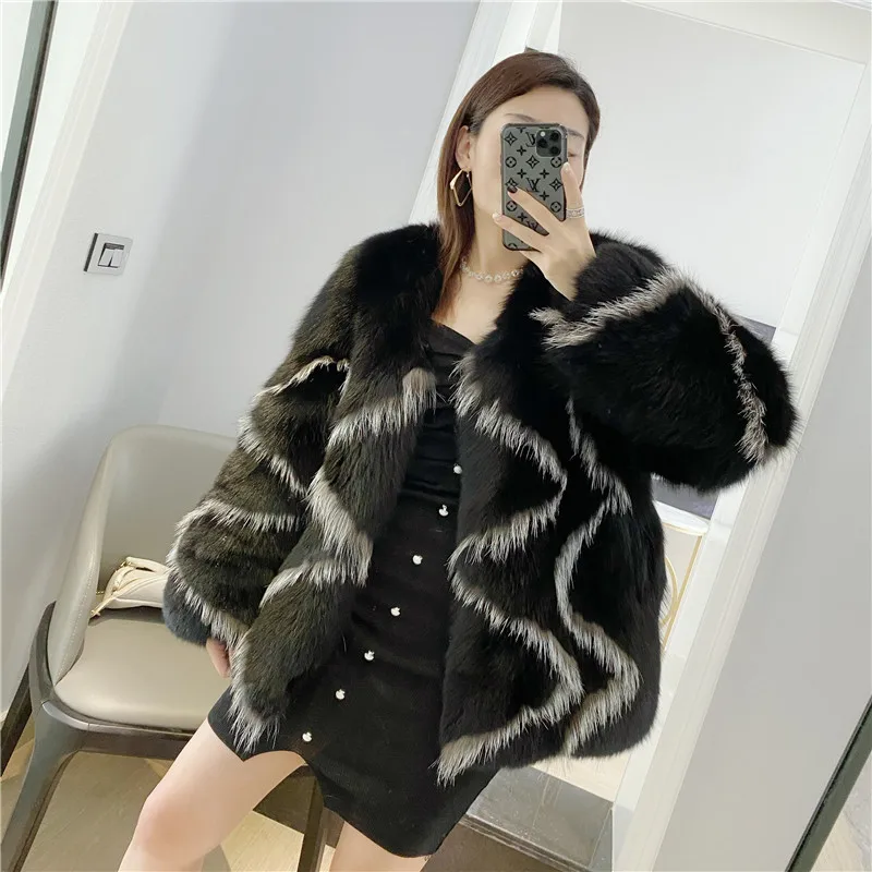 

2020 Imported Silver Fox Fur Coats for Women Rhombus Female Mid-length Real Fur Coat Genuine Fur Jacket Plus Size Streetwear