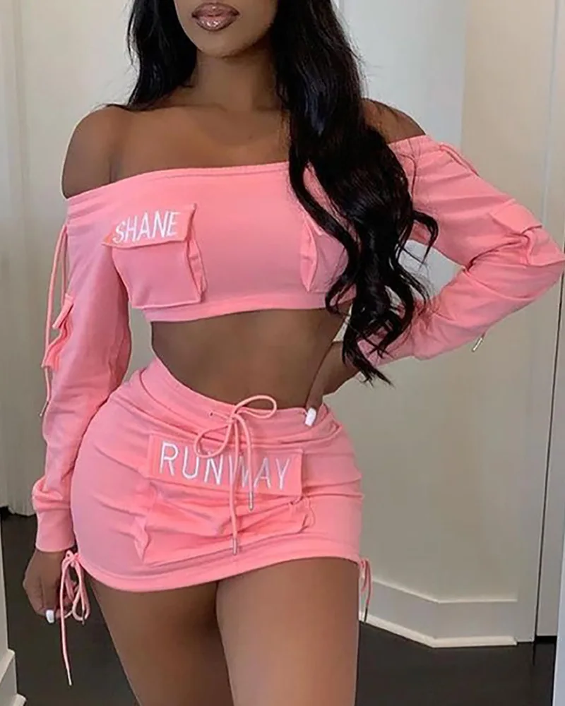 

2021 new style fashion women's pocket design letter word collar short jacket short skirt suit 2-piece set