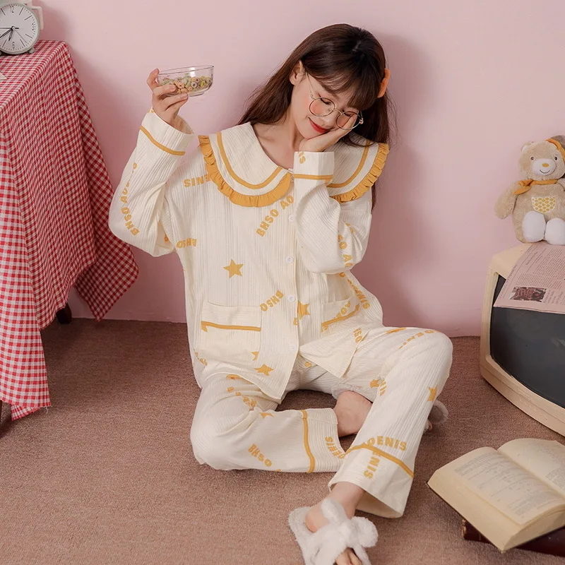 

Women Print Star Pajamas Suit Sleep Set Cotton Nightgown Home Clothes 2PCS Shirt&Pants Sleepwear Lounge Nightwear Pyjamas Robe
