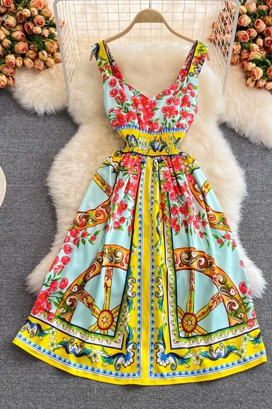 

Girl Print Spaghetti Strap Dress Seaside Holiday Beach Dress High Waist Slim Large Swing V-neck Dresses Summer