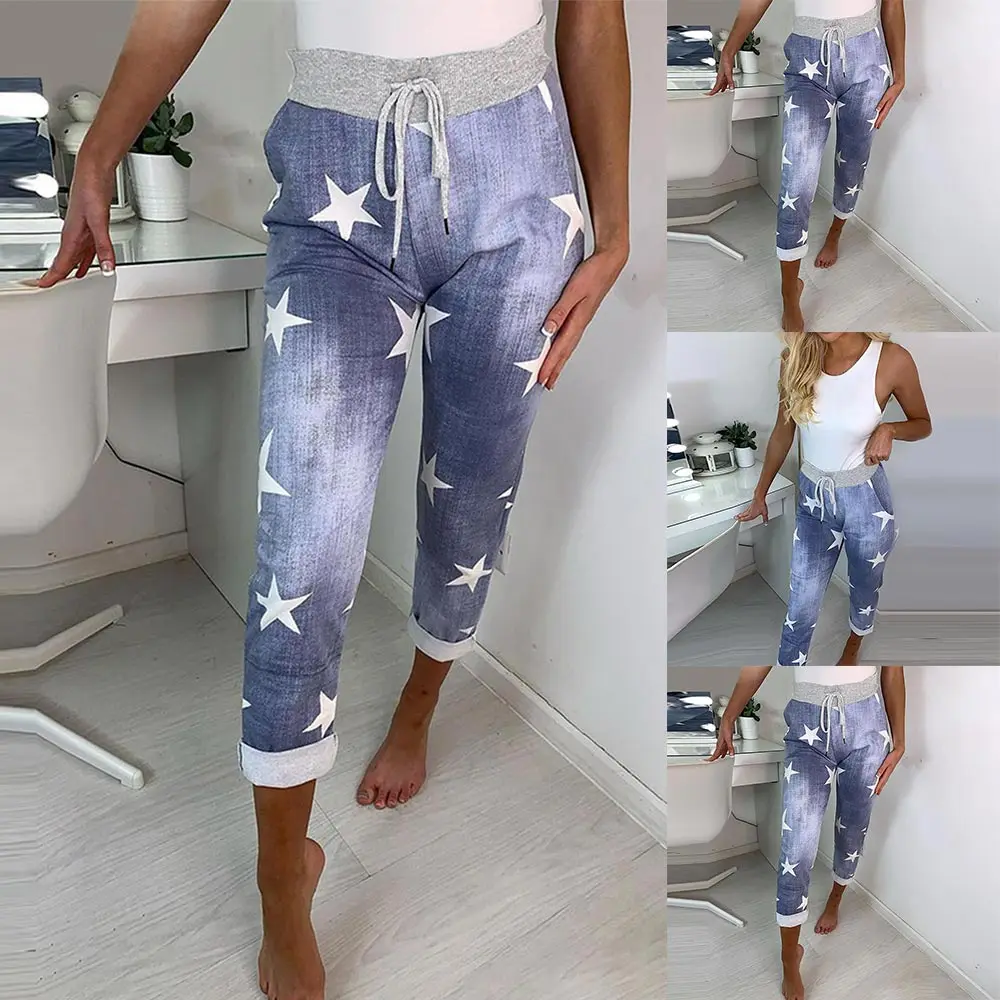 

Female Fashion Plus Size Pants Colorblock Star Printed Pencil Pants Summer Elastic High Waist Drawstring Casual Long Pants D30