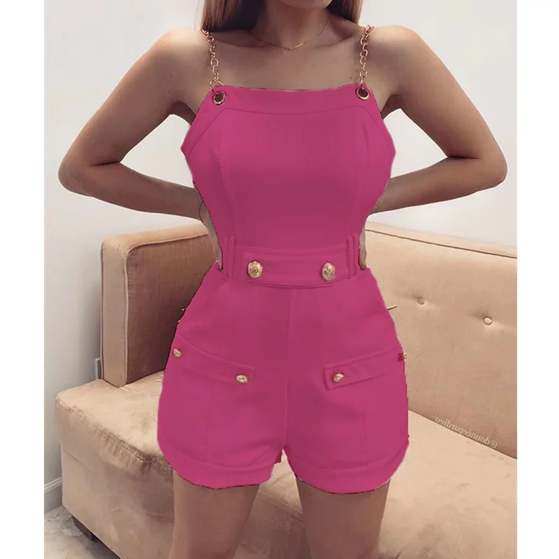 2021 Fashion Women's Sleeveless Chain Belt Stylish Jumpsuit Shorts Trouser Ladies Holiday Casual Playsuits Streetwear