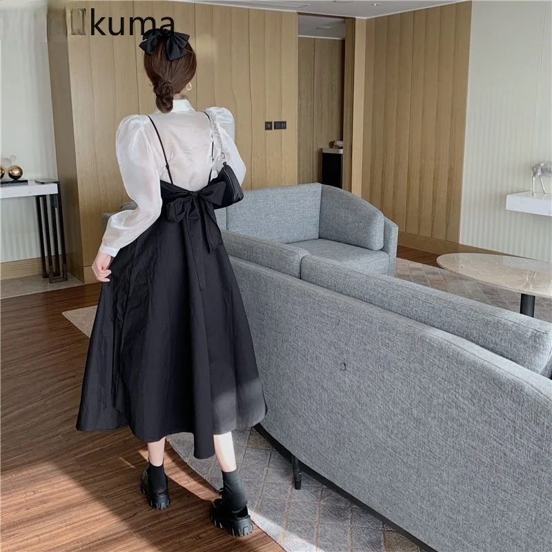 

2021 Spring Sweet Women Sets Elegant Puff Sleeve Blouse Korean Shirt + Bow Bandage Sling Dress Two Pieces Sets