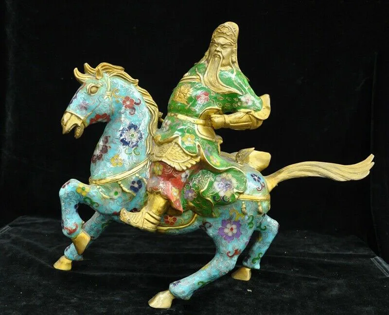 

Свадебное украшение фарфор бронза перегородчатый эмаль позолоченная лошадь Guan Gong Guan Yu воин Бог Статуя