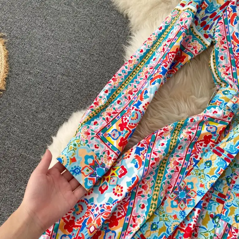 

Women's Runway Floral Print Maxi Dress 2020 Fashion Spring Autumn Full Sleeve Buttons Sash Lace-up Casual Holidays Long Dress