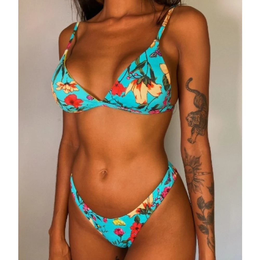 

2021 New Sexy Push Up Bikini Women Swimsuit Black Swimwear Floral Print Bikini Set Bathing Suit Swimming Beach Wear