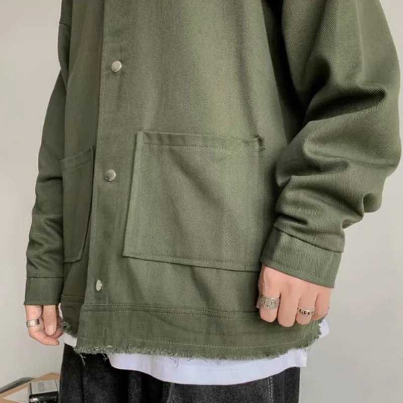 

Men Jackets Plus Size 3XL Spring Solid Simple Loose Cargo Outwear Frayed Pockets Single Breasted Harajuku Korean Style All-match