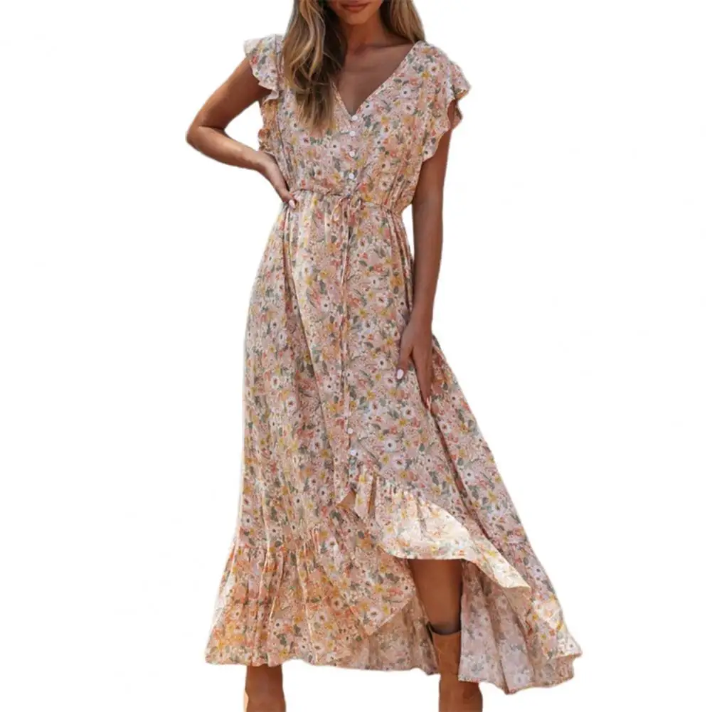 

Женское богемное платье-макси с цветочным принтом, V-образным вырезом и оборками