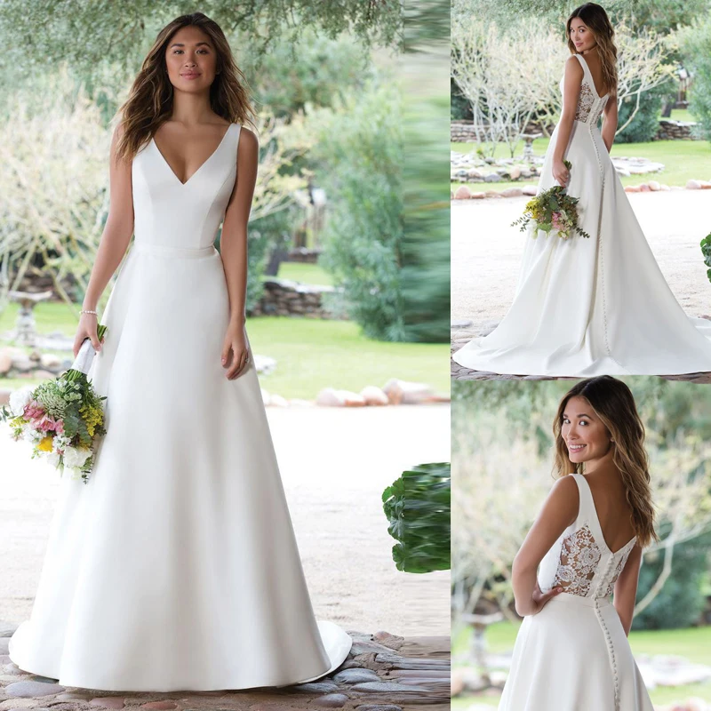 Белое Атласное Свадебное Платье ТРАПЕЦИЕВИДНОЕ с V образным вырезом белое цвета