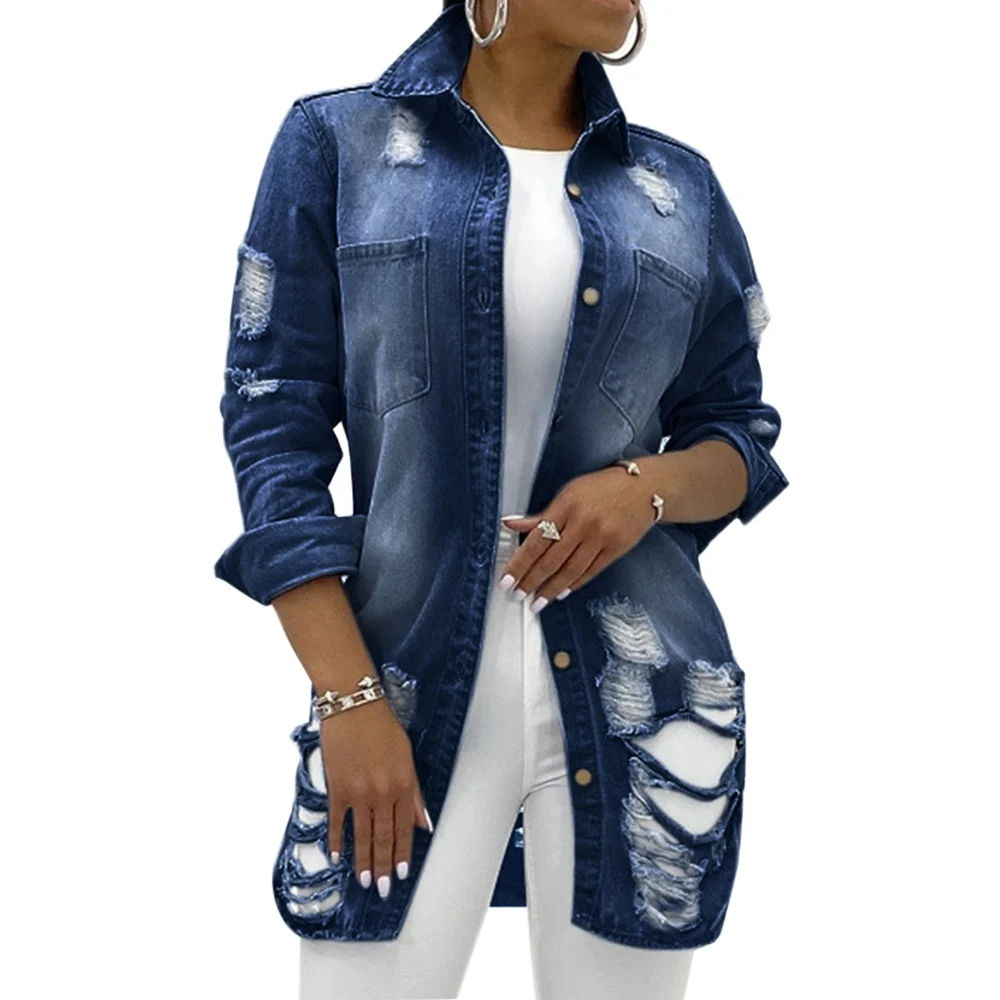 

New Solid Turn-down Collar Jean Jacket For Women Loose Casual Blue Fashionable Women Coats Female Outwear Denim Feminine