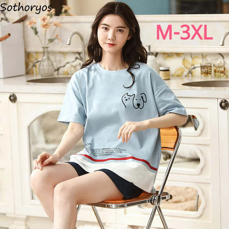 

Plus Size 3XL Women Pajama Sets Kawaii Print Short Sleeved Sleepwear Cartoon Student Loose Simple Leisure Outwear Nigthwear Chic