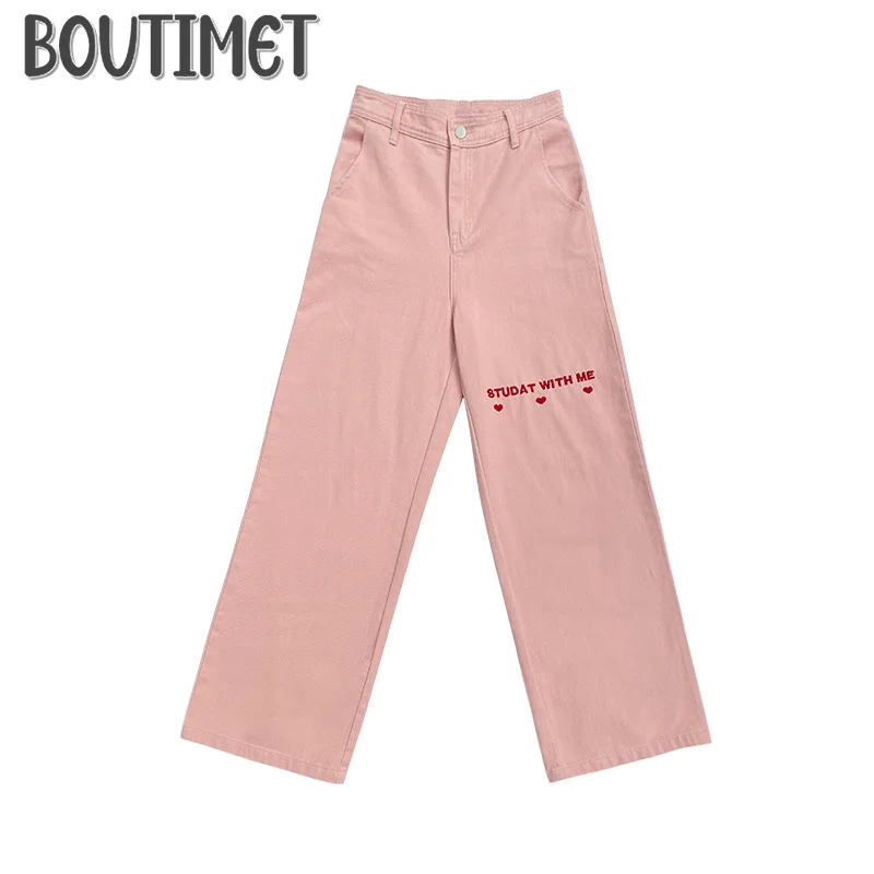 

2021 Women Autumn Winter Pink Long Wide Leg Denim Pants Letter Embroidery Jeans High Waist Button Up Cotton Trousers