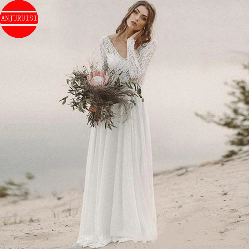 

Платье Свадебное женское с длинным рукавом, кружевное шифоновое, с V-образным вырезом, глубоким иллюзионным V-образным вырезом, Белый/цвет сл...