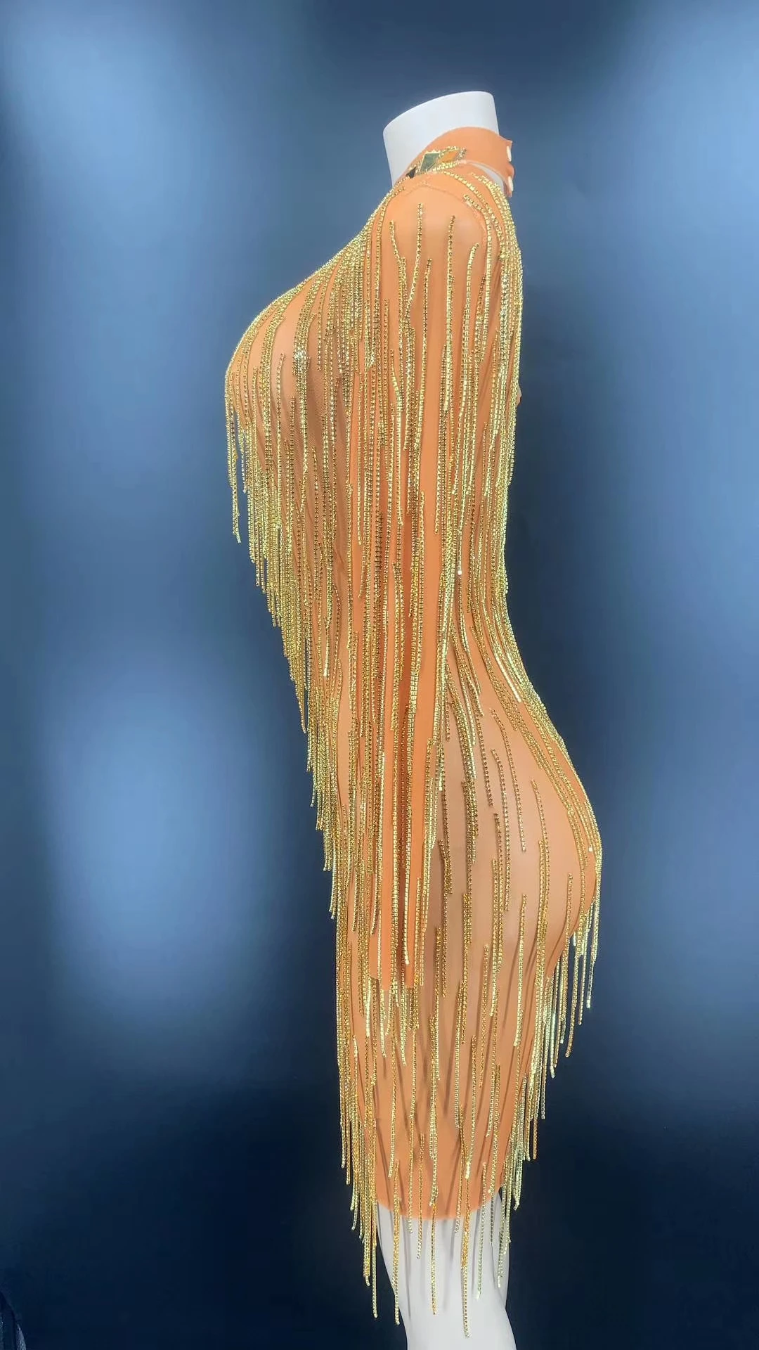 

Fashion Tassel Gold Women Rhinestone Dress Charming O Neck Long Sleeve Zipper Back Mesh See Through Women Dance Party Dress