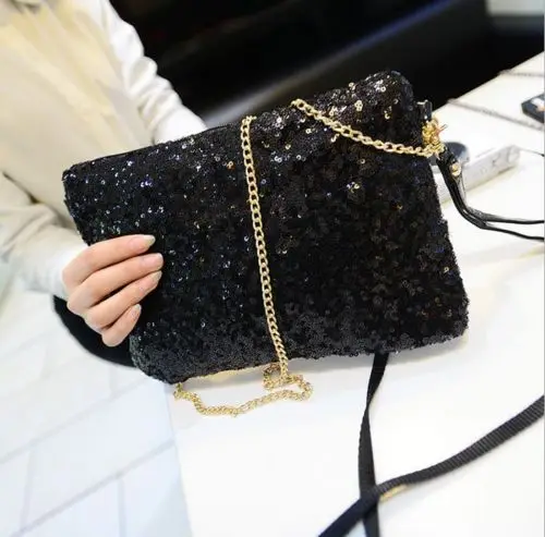 

Fashion Women Ladies Glitter Sequins Handbag Sparkling Party Evening Envelope Clutch Bag Wallet Tote Purse Black Gold Silver