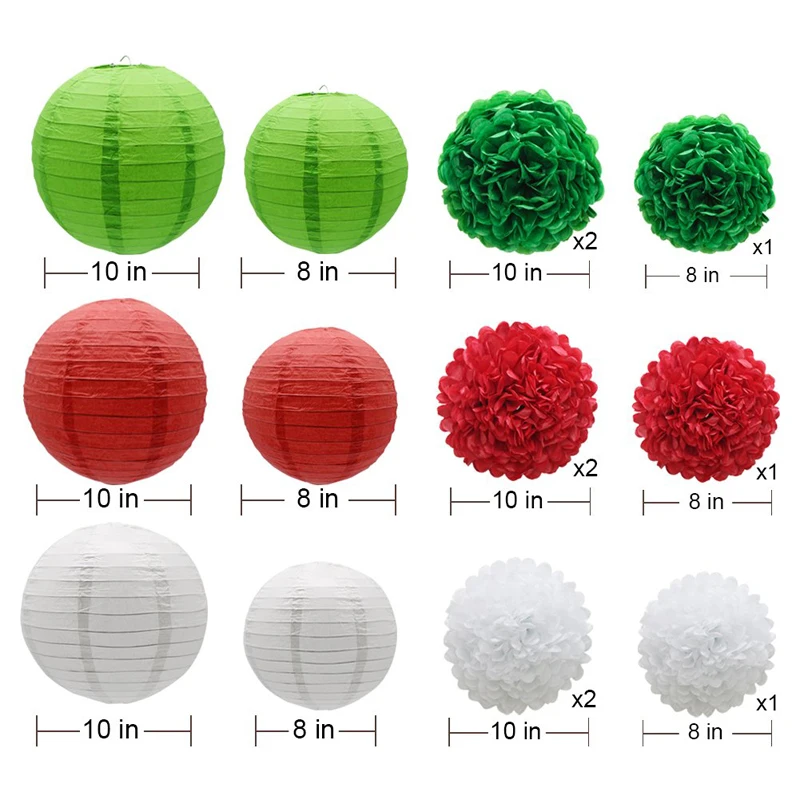 15 шт. красно зеленые белые бумажные цветы шарики Помпоны и фонари для свадьбы дня