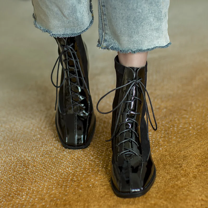 

Mordoan Genuine cow patent leather Martin boots women lace-up ankle boots British style thick-soled square toe ankle boots women