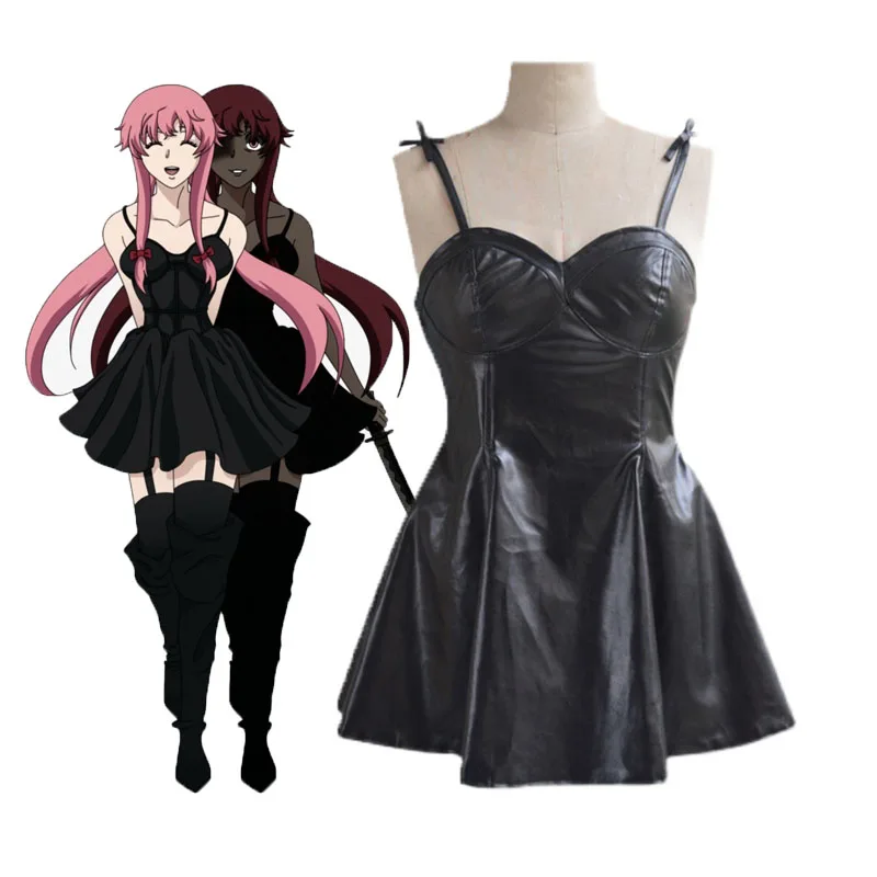 Anime The Future Diary Gasai Yuno Dress Women's Cosplay For Halloween Costume For Girl Black PU Leather