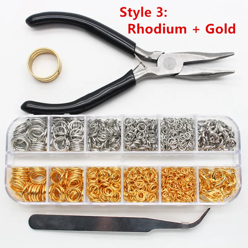 Gold And Rhodium 1200 шт комплект ювелирных изделий с открытыми кольцами, плоскогубцы для ювелирных изделий, застежки для изготовления ювелирных изделий и ремонта ожерелья - Цвет: Gold And Rhodium