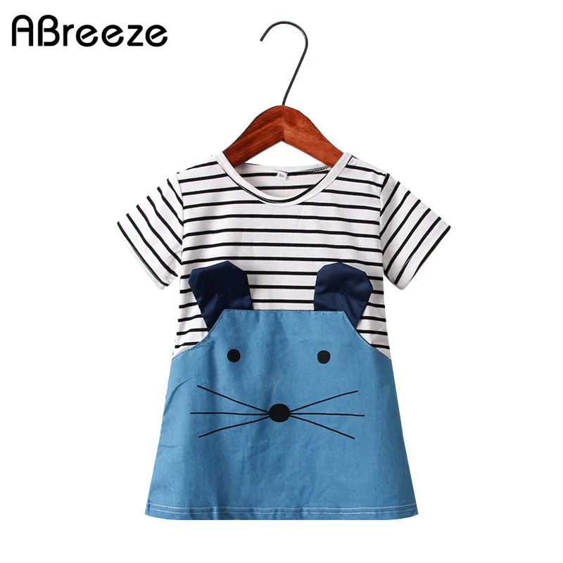 Летние платья для девочек Хлопковые в полоску с короткими рукавами и рисунком