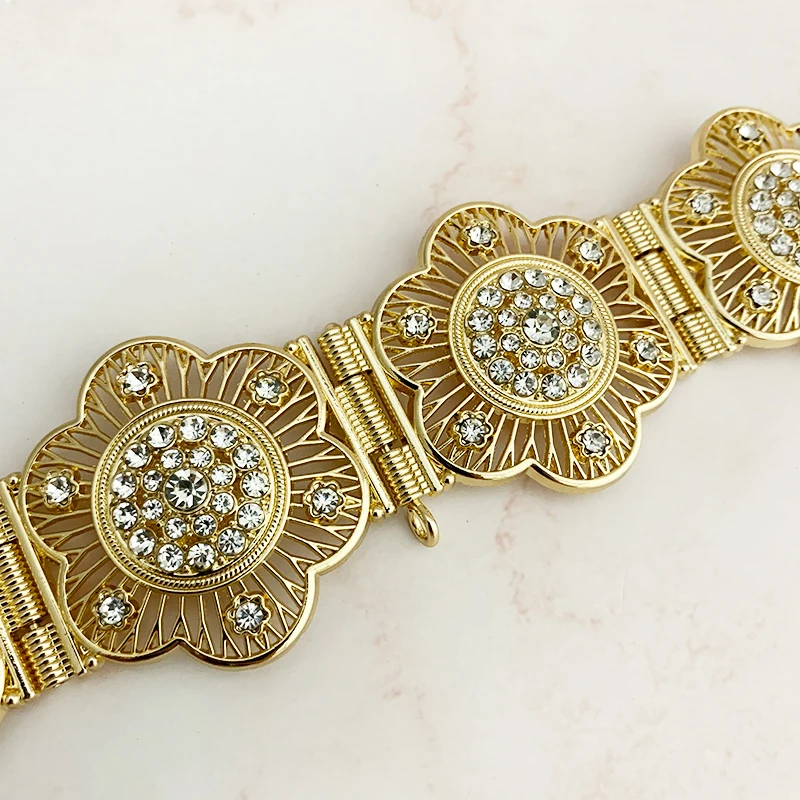 Elegant Round Crystal Floral Waist Chain Metal Belt Vintage European Ladies Wedding Party Wedding Dress Belt