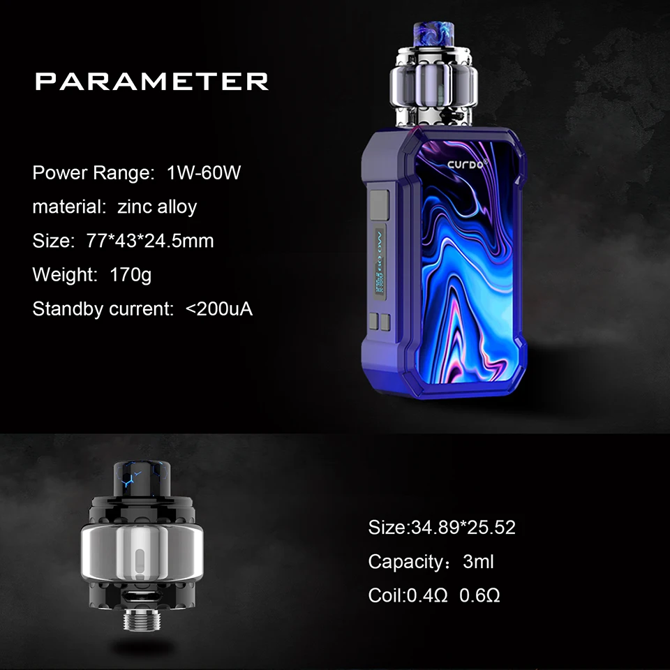 Оригинальный Curdo Hally TC Vape комплект с 0 96 дюймовым экраном 60 Вт коробка мод и 4 мл