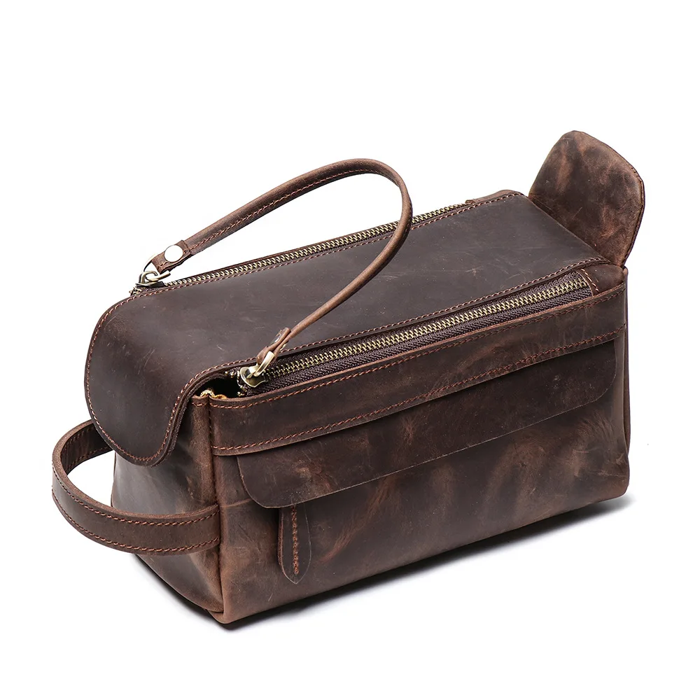 

3Color New Vintage Thick Genuine Crazy Horse Leather Women Men Cosmetic Bag Travel Toiletry Wash Bicycle Bag Make Up Bags