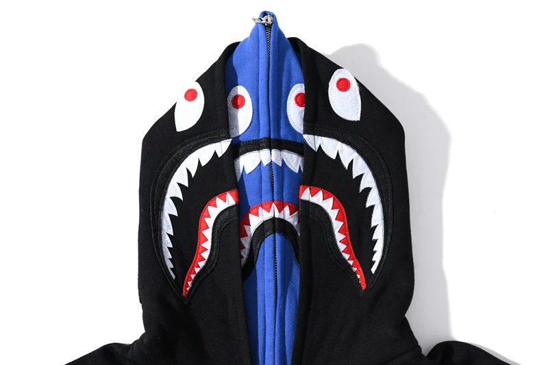 

Double Hat2021 Winter Bape Plush Warm Sticking Cloth Shark Head Hoodies Pullover 100% Cotton Hooded Sweater Sweatshirts Tops