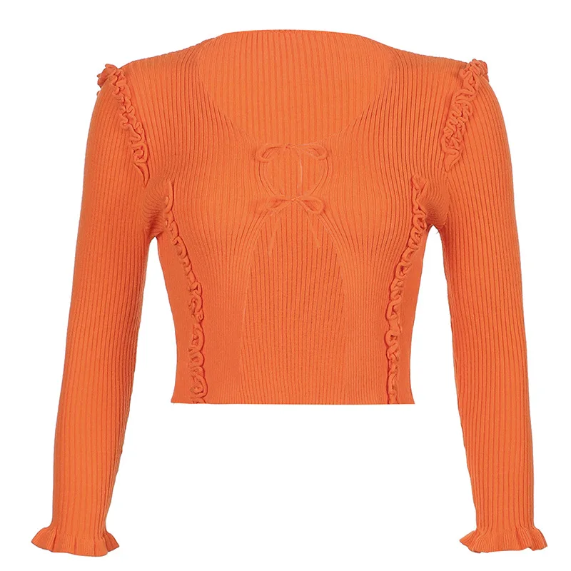 

Tie Up Ruffles T Shirt Y2k Knitted Crop Top Orange Sexy Skinny Cardigans Women Retro Basic Tshirt Autumn Casual Tee