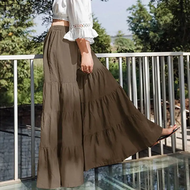 ZANZEA 2021 Ruffle Trousers Fashion Women's Wide Leg Pants Elastic Waist Pantalon Palazzo Female Oversized Solid Casual Turnip | Женская
