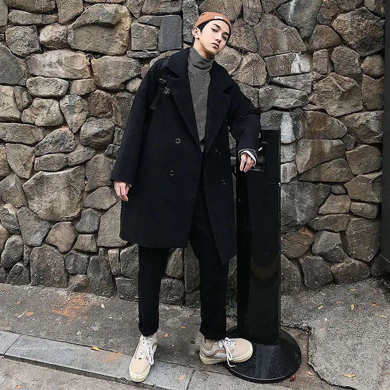 

Winter Men's Casual Loose Coats Straight Long Woolen Blends Cashmere Trench Male Solid Color Snow Jackets Cotton-padded Clothes