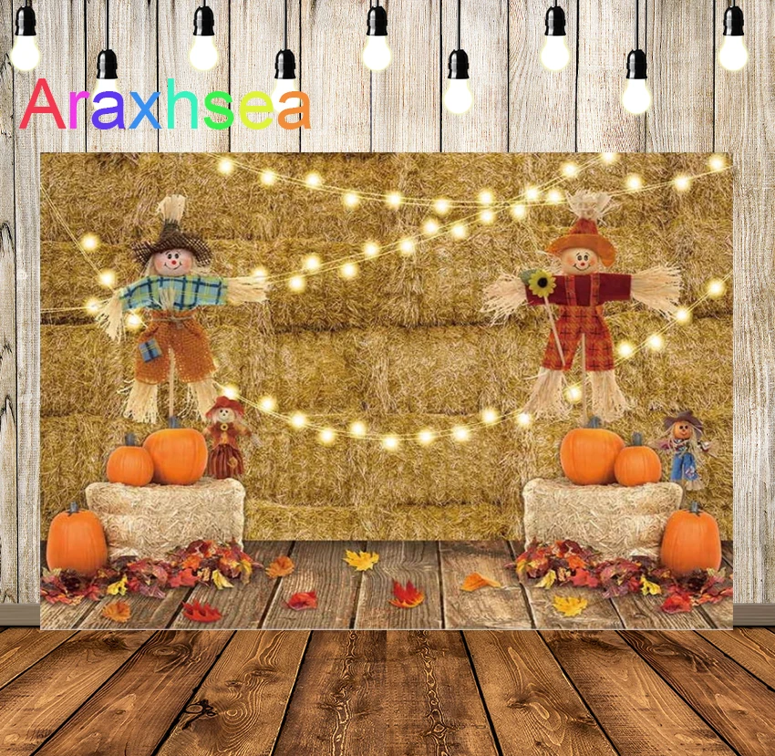 

Осенний фон для фотосъемки с изображением пугала, тыквы, урожая, осенних листьев, декорация для фотографирования на День Благодарения